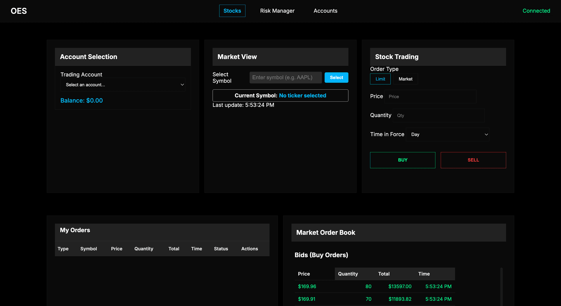 Order Entry System — order book and trading interface
